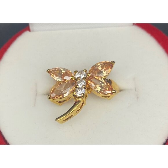 18K GE Gold Plated Dragonfly Ring Champagne CZ Size 7 Red Velvet Rose Gift Box - Picture 2 of 8